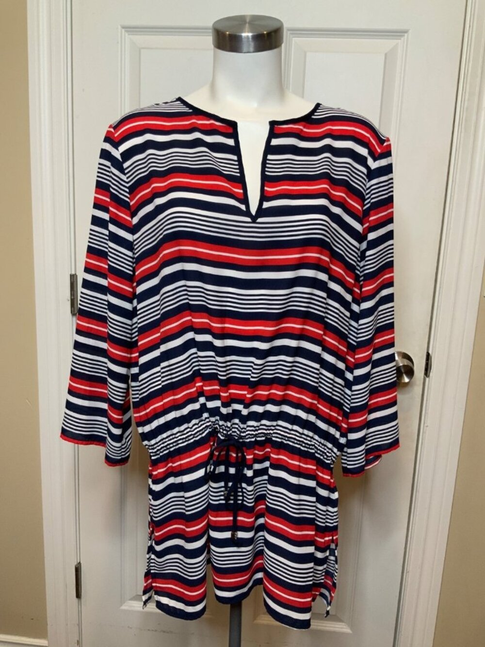 Michael Kors Red White Blue Striped Tunic Mini Dress, Size XL